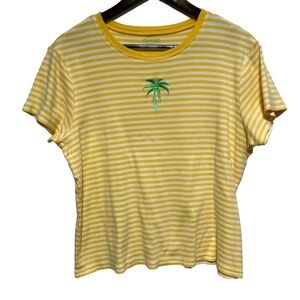 Talbots TShirt Womens L Yellow Stripe Short Sleeve Embroidered Palm Tree Cotton